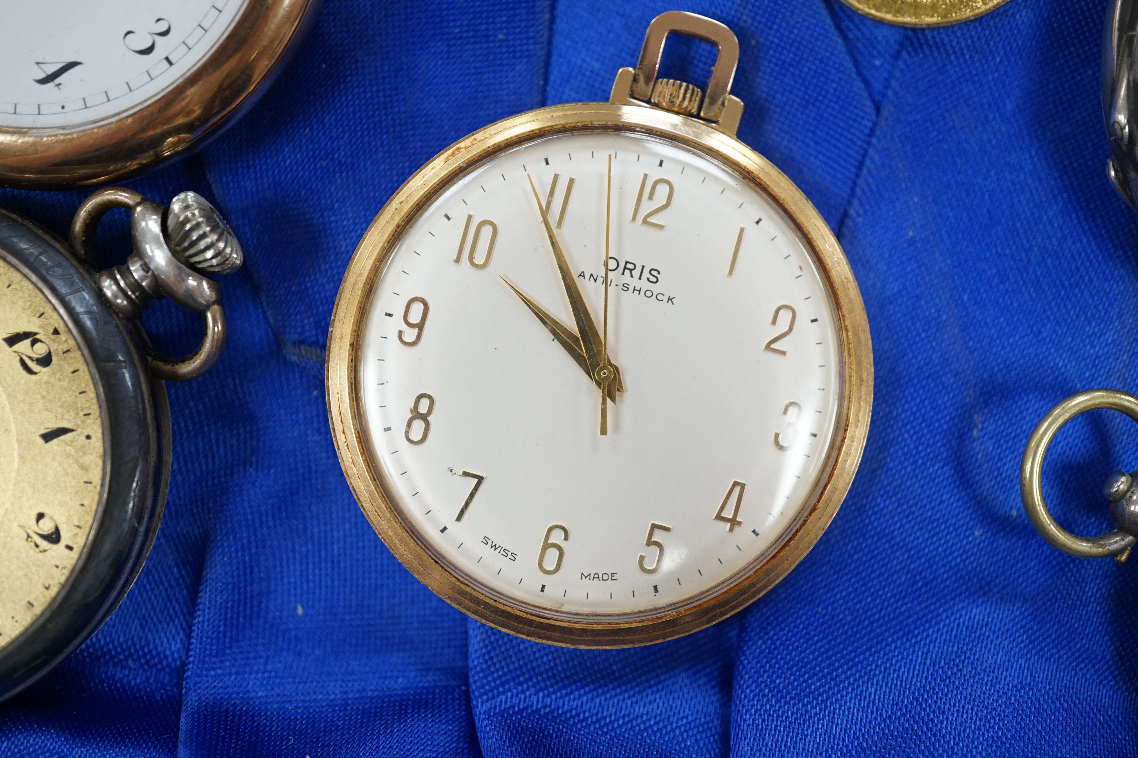 Two silver albert chains, including graduated link and silver gilt(worn), largest 40cm, together with eight assorted pocket or fob watches including silver, white metal and gold plated.